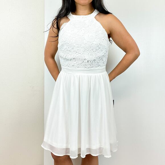 NWT Lulus Size S High Neck Fit Flare Mini Lace Dress White - Picture 1 of 12